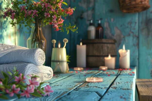 Spa treatments on blue wooden table