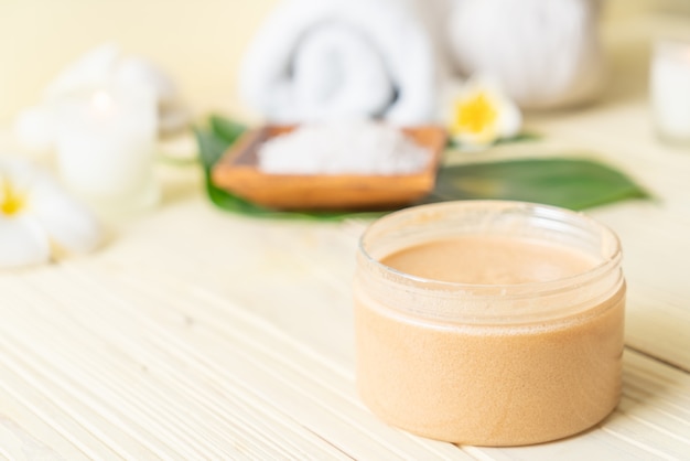 Spa treatments set on wooden table