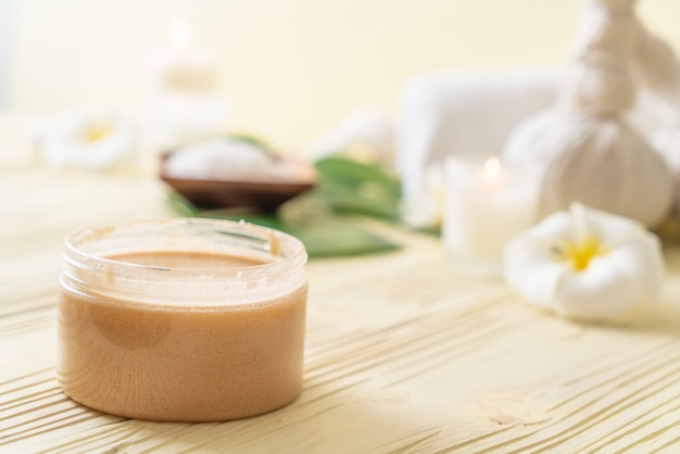 Spa treatments set on wooden table