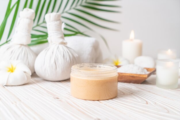 Spa treatments set on wooden table