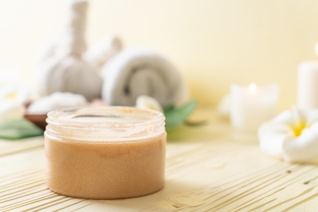 Spa treatments set on wooden table