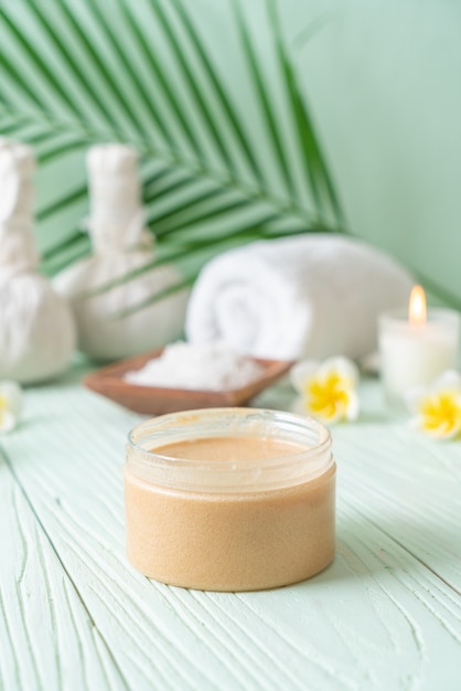 Spa treatments set on wooden table