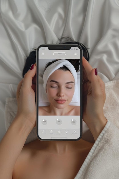 Foto spa wellness app con opzioni di trattamento interattive donna che gode di un concetto personalizzato di bellezza facciale e rilassamento