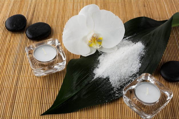 Spa and wellness concept with sea salt and orchid