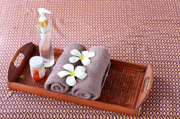 Spa and wellness setting with frangipani flowers. concept for spa and Thai massage