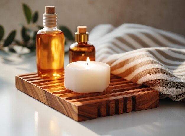 A spa with bar soap and a bottle of oil