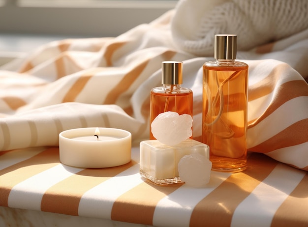 A spa with bar soap and a bottle of oil