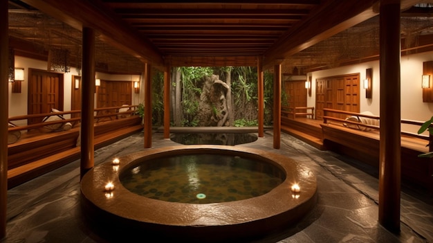 Photo a spa with a hot tub and a stone wall