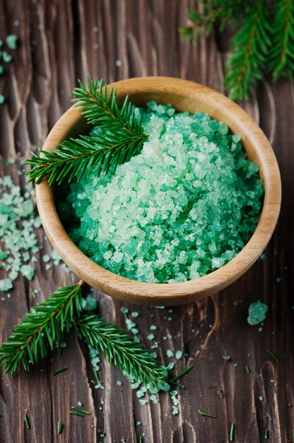 spa with salt and pine branches