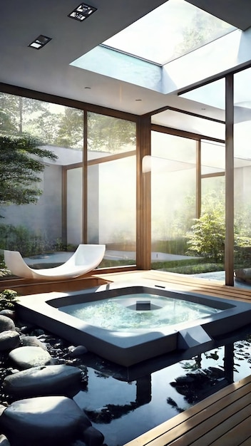 A spa with a view of the garden and a hot tub.