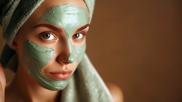 스파에서 얼굴 점토 마스크를 착용하는 여성 아름다움 치료 아름다운 생성 인공지능의 클로즈업 초상화