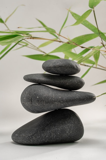 Photo spa zen basalt stones and green bamboo leaves wellness relaxation massage