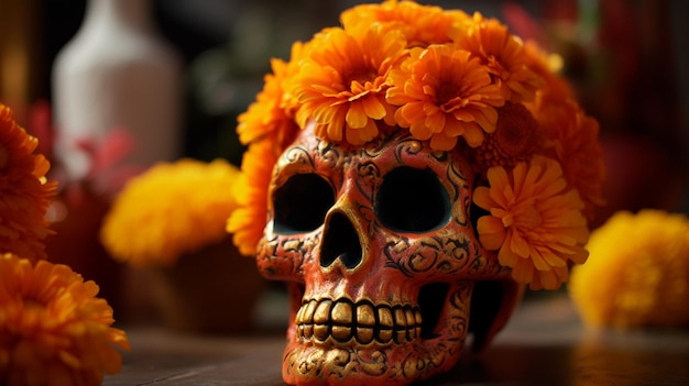 Spaans erfgoed suikerschedel goudsbloem Feestelijke dia de los muertos achtergrond Generatieve AI