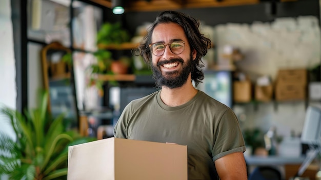 Spaanse man met baard die in een klein e-commerce bedrijf werkt en pakketten vasthoudt, glimlacht met een gelukkige en koele glimlach op zijn gezicht en tanden laat zien