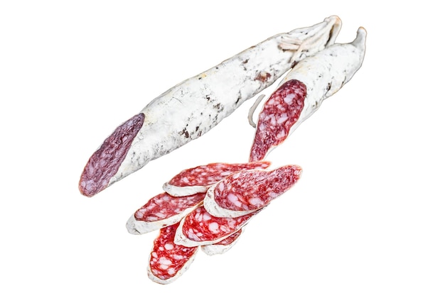 Foto spaanse tapas fuet salami worstjes met olijven en rozemarijn geïsoleerd op witte achtergrond top view