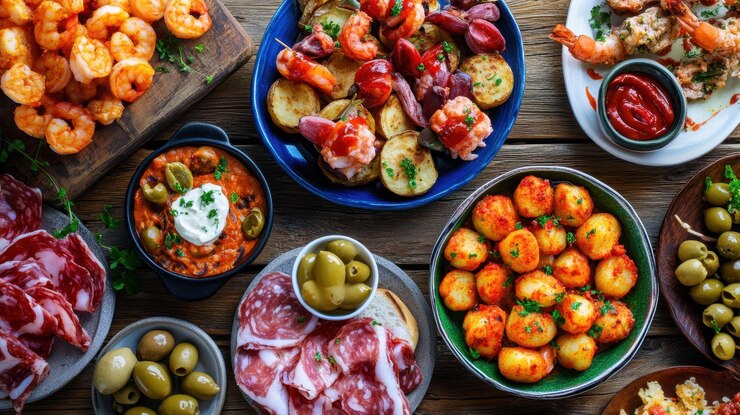 Foto spaanse tapas tapas met garnalen worstjes gebakken aardappelen olijven chorizo en jamon