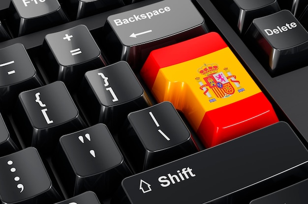 Foto spaanse vlag geschilderd op het toetsenbord van de computer online zakelijk onderwijs winkelen in spanje concept 3d-rendering