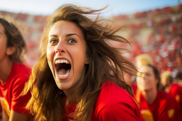 Spaanse vrouwelijke voetbalfans in een WK-stadion vieren de overwinning van het Spaanse nationale voetbalteam