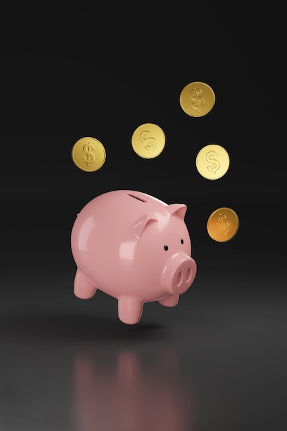 Spaarvarken en dollarmuntstukken op donkere 3d illustratie van het besparingenconcept