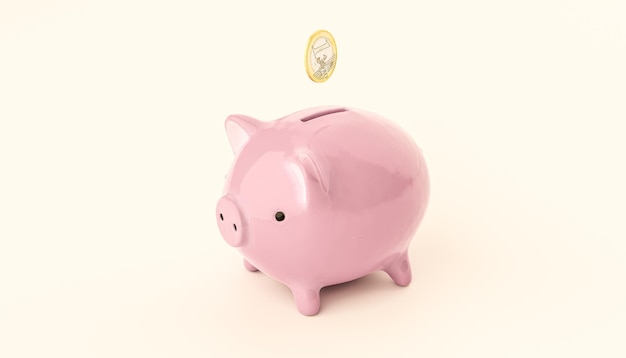 Spaarvarken en één euromunt in slot van spaarvarken Investeringsinkomen vastgoedbankieren Begroting Financiën Concept 3D-rendering