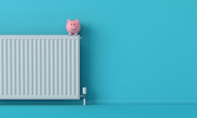 Spaarvarken geldbesparende doos met een radiator huishoudelijke verwarmingskosten concept d rendering