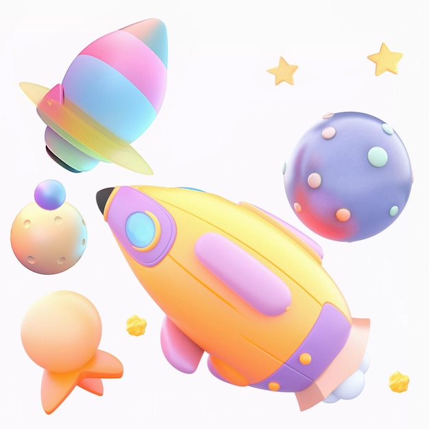 Space 3d planet satellite rocket ufo comet for multipurpose design Funny cartoon 3D in space on