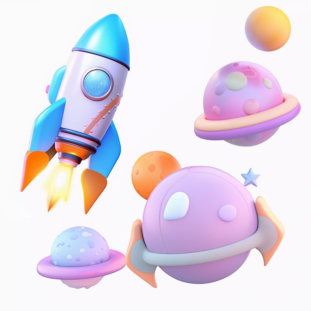 Space 3d planet satellite rocket ufo comet for multipurpose design Funny cartoon 3D in space on