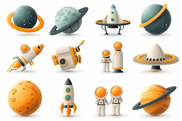 Space 3d vector icon set Astronaut planeet satelliet raket vliegende schotel komeet cartoon