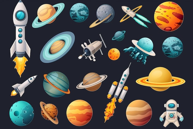 Space 3d vector icon set Astronaut planeet satelliet raket vliegende schotel komeet cartoon