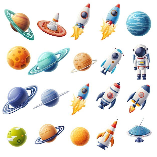 Space 3d vector icon set Astronaut planeet satelliet raket vliegende schotel komeet cartoon