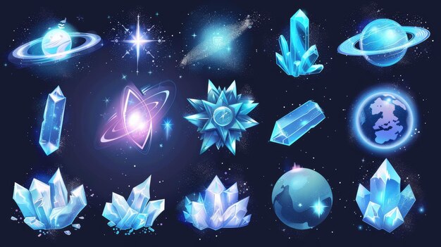 Space alien cartoon fantasy set Icy satellietsfeer gloeiende illustratie Kristal meteoor collectie Icy moderne galaxy wereld icoon geïsoleerd op donkere achtergrond