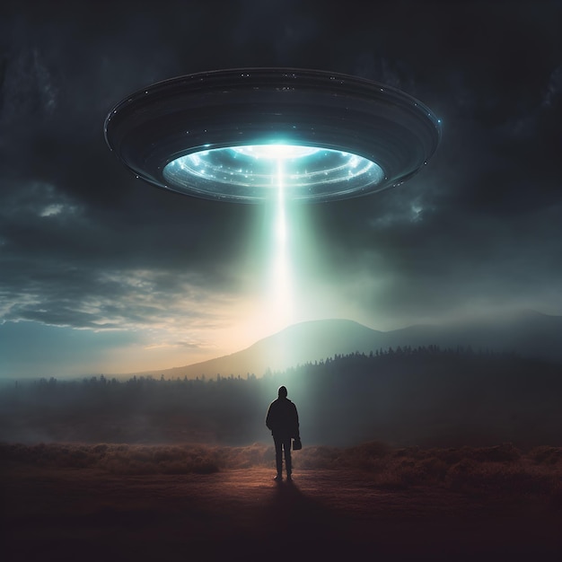 space alien ship UFO abducting light over a human