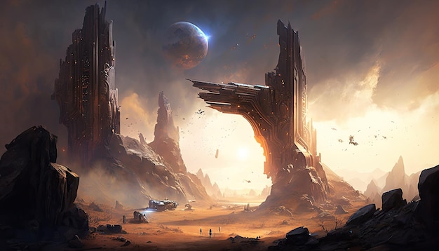Space Ancient Alien War City in een warme vallei komeet vallende generatieve AI