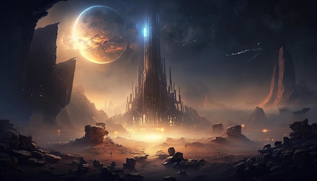 Space Ancient Alien War City in een warme vallei komeet vallende generatieve AI