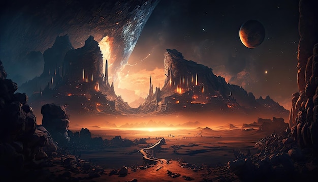 Космос Древний инопланетный военный город в теплой долине падающая комета Генеративный ИИ