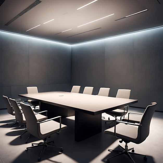 The space appears unused and quiet in an empty conference room featuring a table and chairs