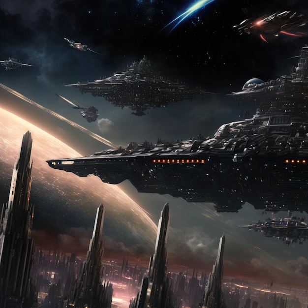 Space armada above a futuristic city black spaceship