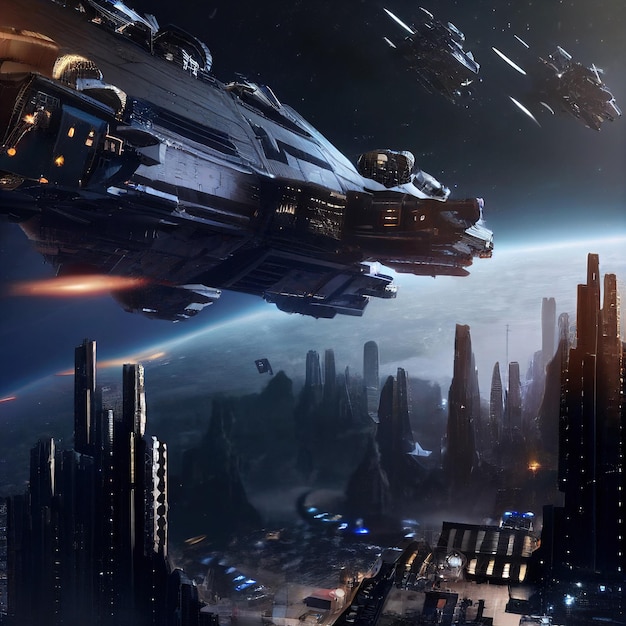 Space armada above a futuristic city black spaceship