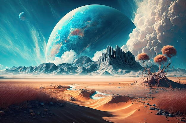 Space Art Een denkbeeldig landschap met blauwe luchten en wolken op een buitenaardse planeet