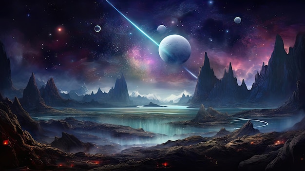 Space art that captures an ethereal scene featuring stars and galaxies allowing you to embark on a visual journeys Cosmic exploration artistic fascination Generated by AI