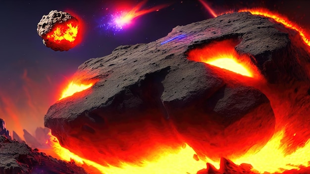 Asteroidi spaziali che cadono sul pianeta esplosioni e collisioni di comete nello spazio paesaggio cosmico di fantasia della formazione dell'universo illustrazione 3d del big bang