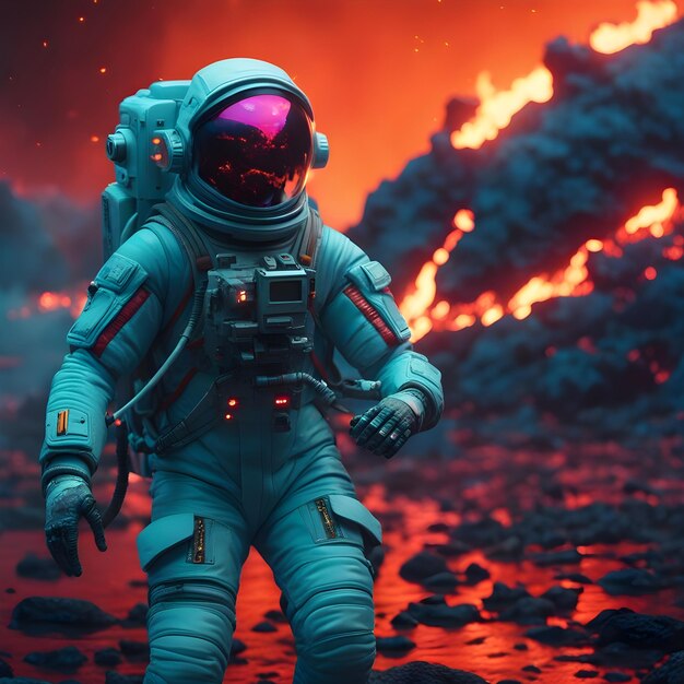 Photo a space astronaut in a fiery planet trying to survive