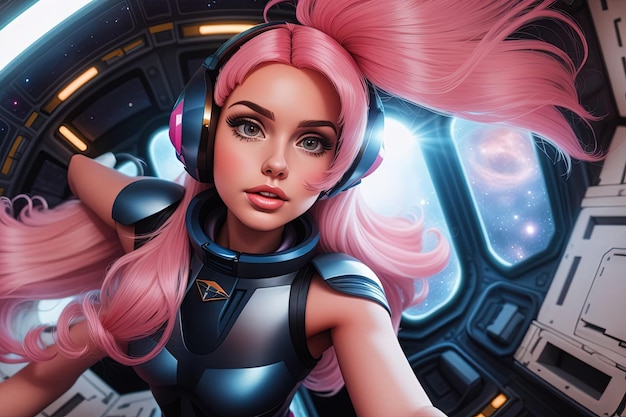 Space astronaut long pink hairs barbie girl style illustration generative ai