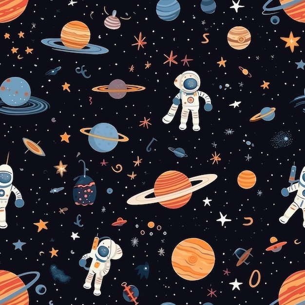 Space astronaut satellite telescope planet galaxy shooting star comet seamless pattern