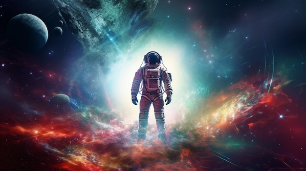 宇宙の背景 宇宙飛行士がカラフルなフラクタル星雲の反射表面に立っています