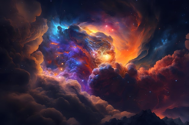 Space background with galaxy and nebula in blue and orange clouds Neural network AI generated