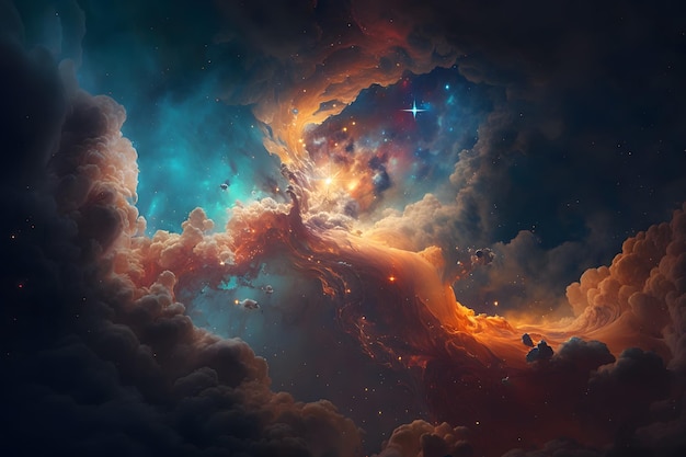 Space background with galaxy and nebula in blue and orange clouds Neural network AI generated