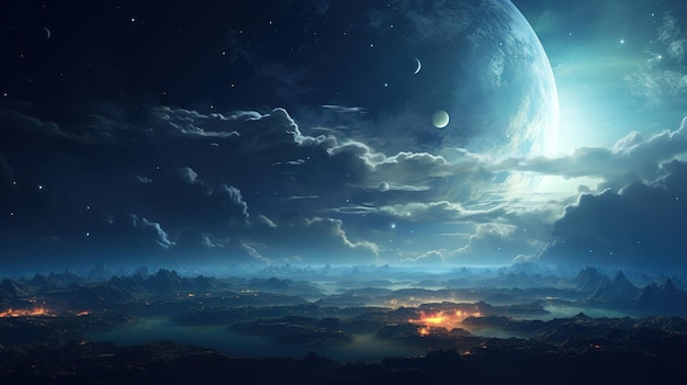 Space background with planet panoramic view above the planet and clouds