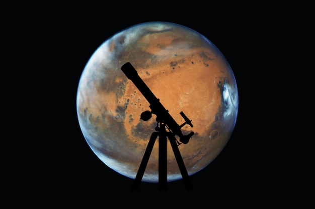 Space background with silhouette of telescope. Mars planet, isolated on black. Elements of this image are furnished by NASA.