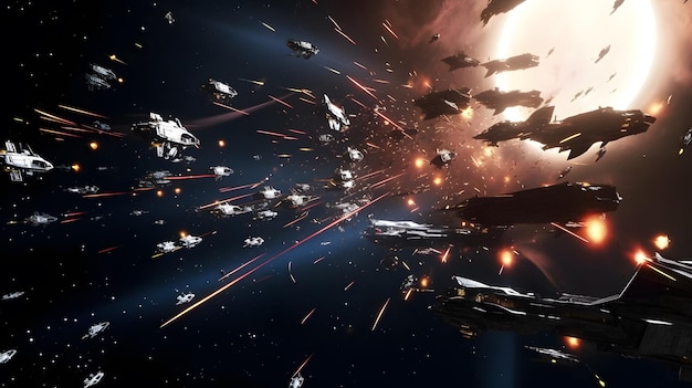 A space battle scene with a planet and a ship with a star field in the background.